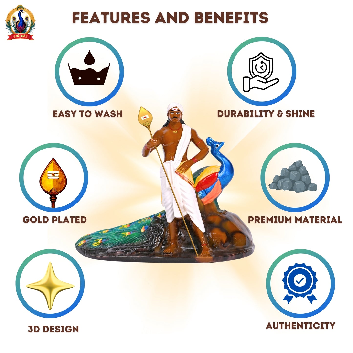 3D Lord Murugan Statue With Gold Plated VEL For Home Decor Gifts, Multi-Color Poly Marble (4 Inch)