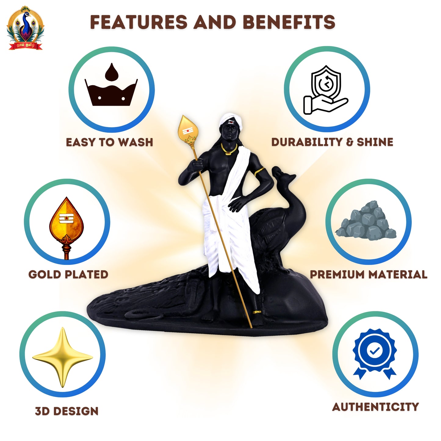 3D Lord Murugan Statue With Gold Plated VEL For Home Decor Gifts, Black Poly Marble (4 Inch)