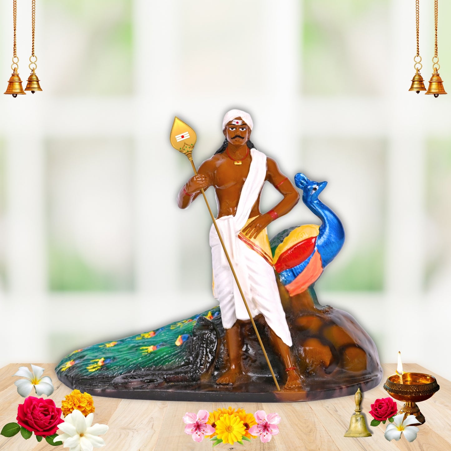 3D Lord Murugan Statue With Gold Plated VEL For Home Decor Gifts, Multi-Color Poly Marble (4 Inch)